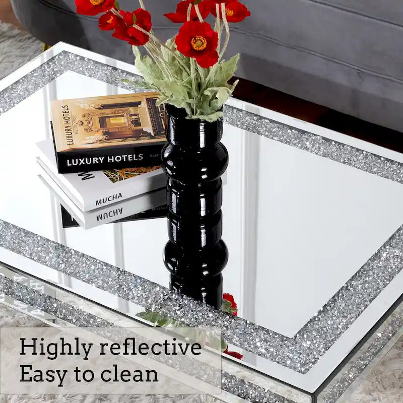 Table basse rectangulaire avec incrustations de cristal et table de centre argentée miroir