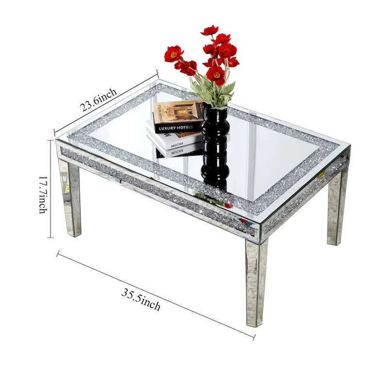 Table basse rectangulaire avec incrustations de cristal et table de centre argentée miroir