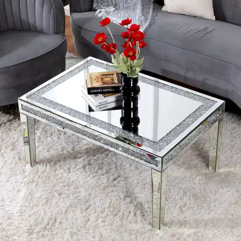 Table basse rectangulaire avec incrustations de cristal et table de centre argentée miroir