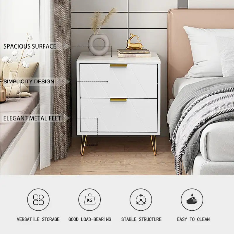 Ensemble de 2 tables de chevet à 2 tiroirs, pieds en métal, style moderne pour chambre ou salon.