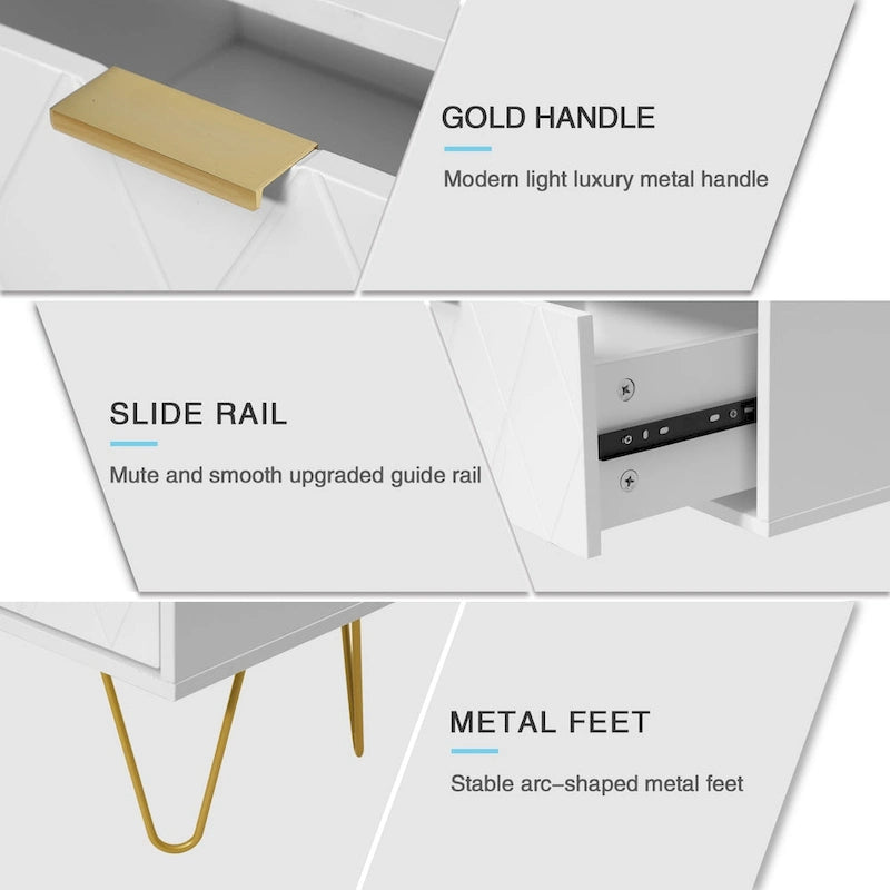 Ensemble de 2 tables de chevet à 2 tiroirs, pieds en métal, style moderne pour chambre ou salon.