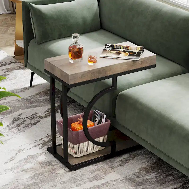 Table d'appoint étroite en forme de C à 2 niveaux pour salon