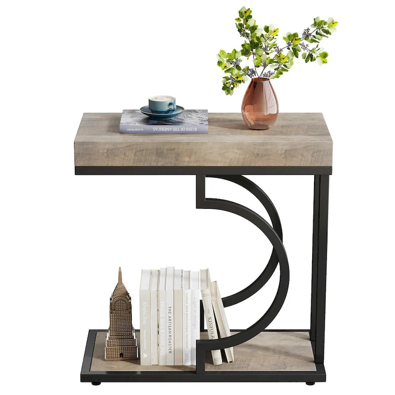 Table d'appoint étroite en forme de C à 2 niveaux pour salon