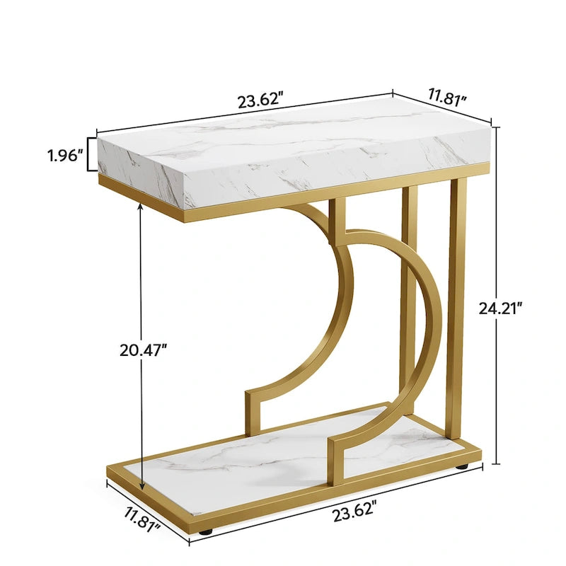 Table d'appoint étroite en forme de C à 2 niveaux pour salon