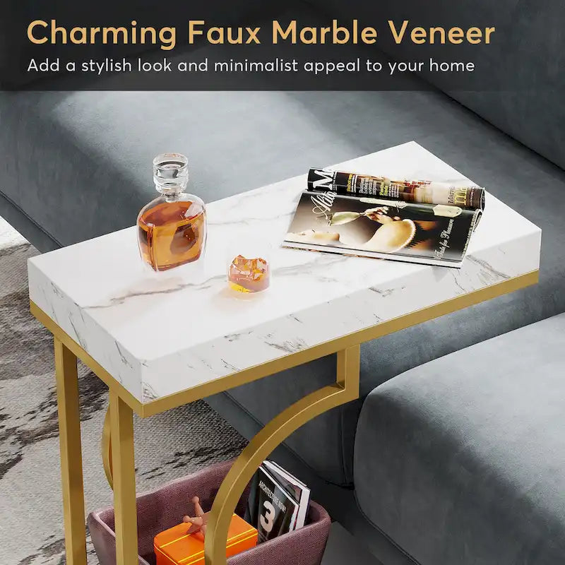 Table d'appoint étroite en forme de C à 2 niveaux pour salon