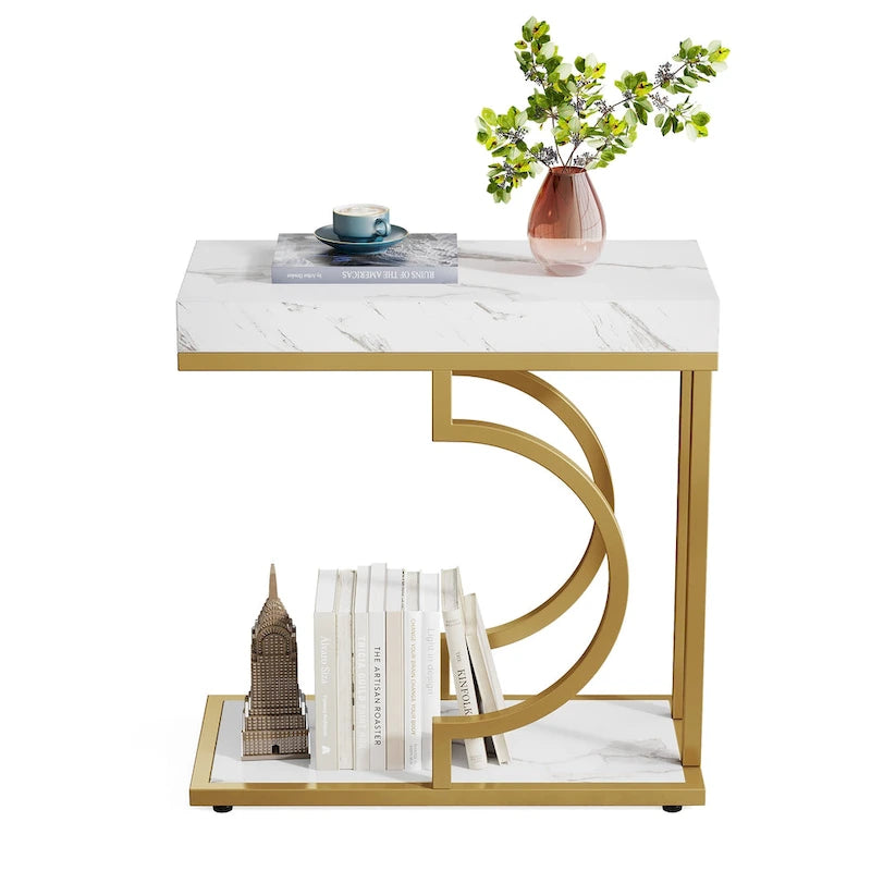 Table d'appoint étroite en forme de C à 2 niveaux pour salon
