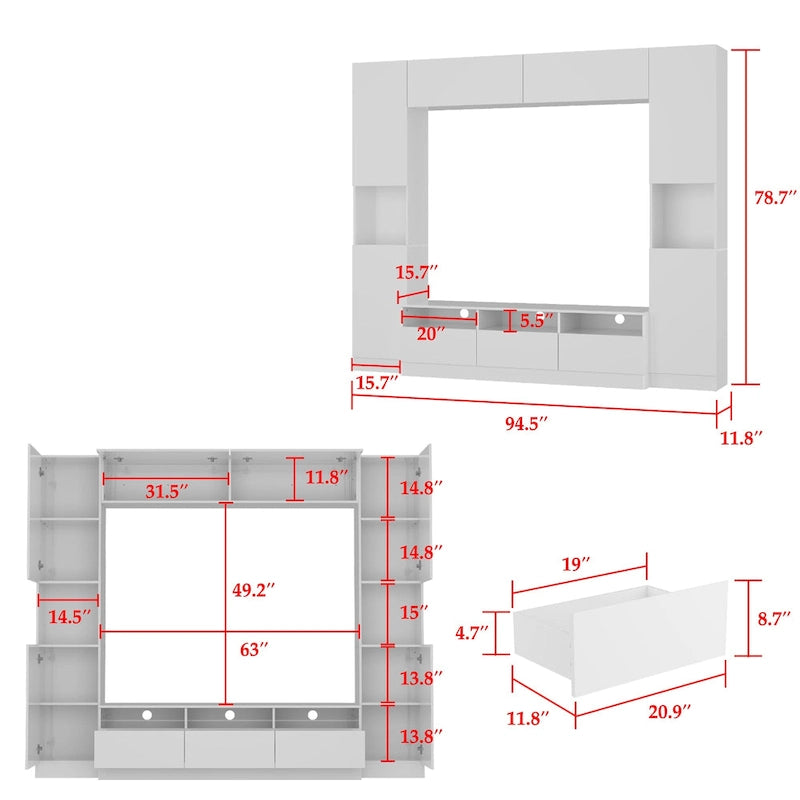 Meuble TV mural brillant avec rangement pour appareils multimédias - 94,5 x 78,7