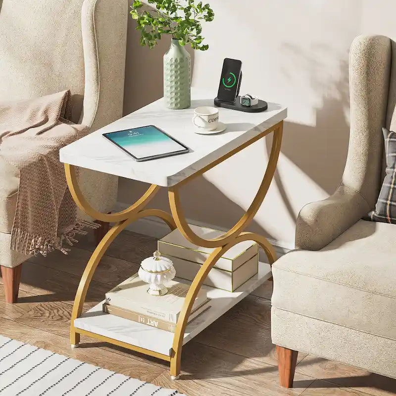 Table d'appoint rectangulaire à 2 niveaux en bois et métal