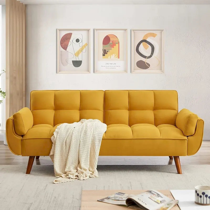 Canapé-lit futon de 191,5 cm (75,39 po), convertible et capitonné, avec dossier inclinable et capitonné.