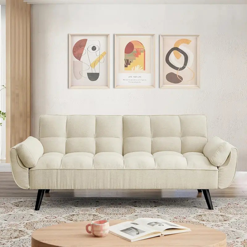 Canapé-lit futon de 191,5 cm (75,39 po), convertible et capitonné, avec dossier inclinable et capitonné.