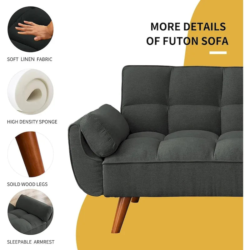 Canapé-lit futon de 191,5 cm (75,39 po), convertible et capitonné, avec dossier inclinable et capitonné.