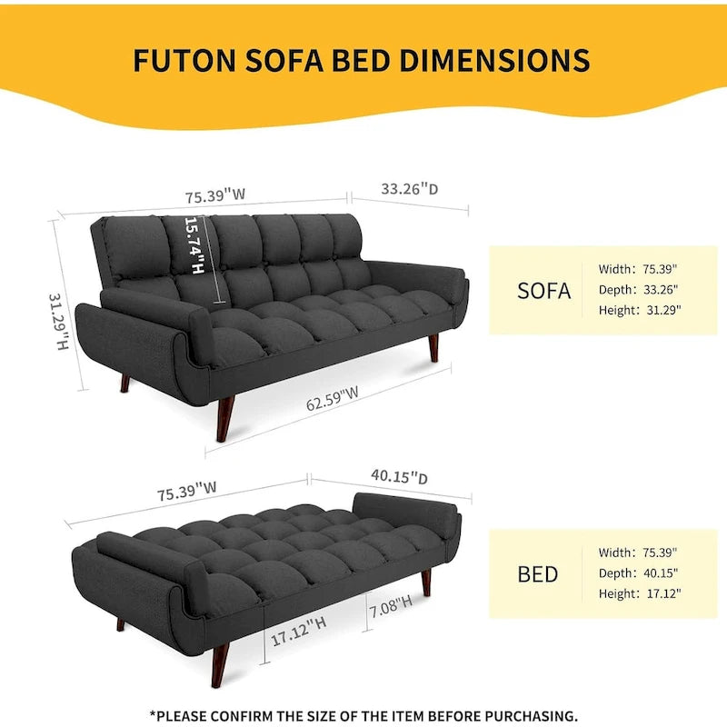 Canapé-lit futon de 191,5 cm (75,39 po), convertible et capitonné, avec dossier inclinable et capitonné.