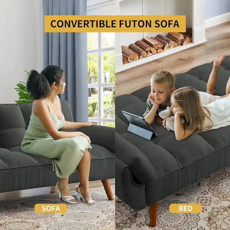 Canapé-lit futon de 191,5 cm (75,39 po), convertible et capitonné, avec dossier inclinable et capitonné.