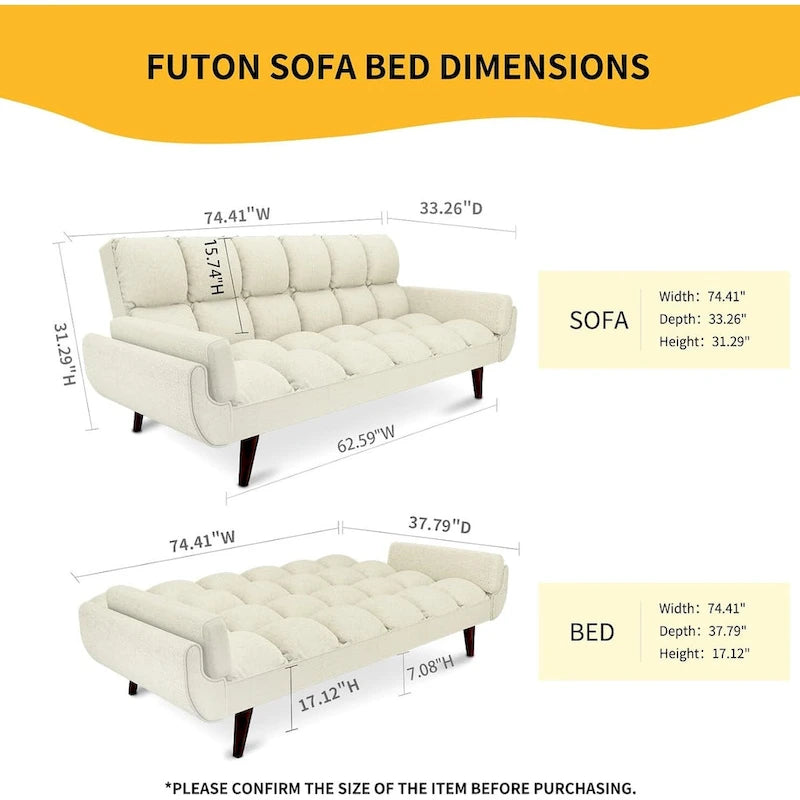 Canapé-lit futon de 191,5 cm (75,39 po), convertible et capitonné, avec dossier inclinable et capitonné.