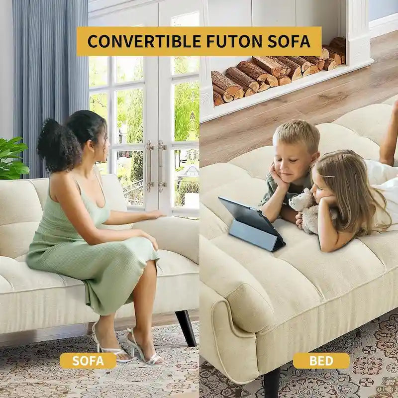 Canapé-lit futon de 191,5 cm (75,39 po), convertible et capitonné, avec dossier inclinable et capitonné.
