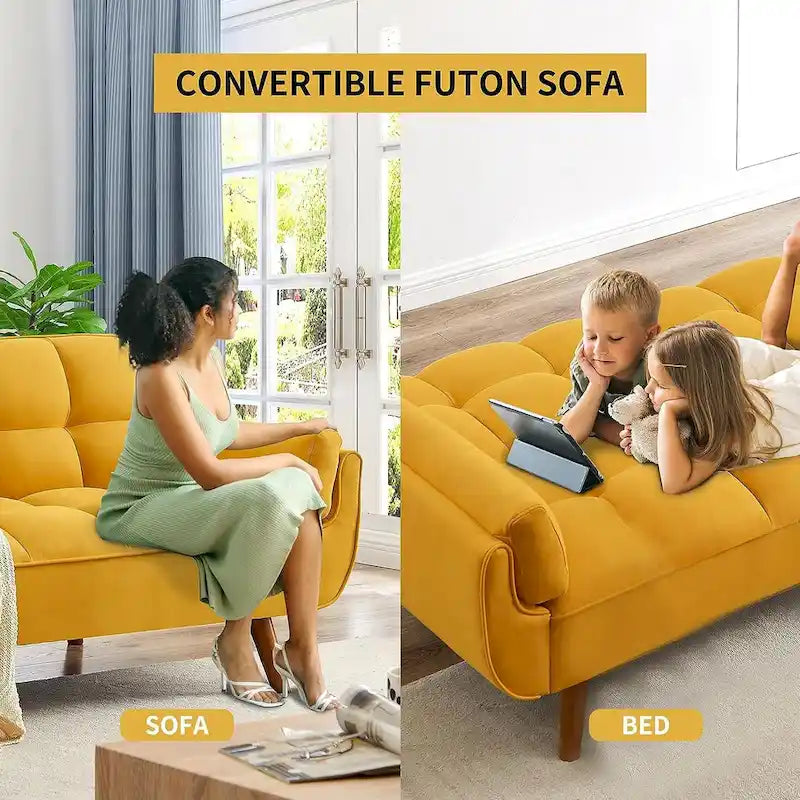 Canapé-lit futon de 191,5 cm (75,39 po), convertible et capitonné, avec dossier inclinable et capitonné.