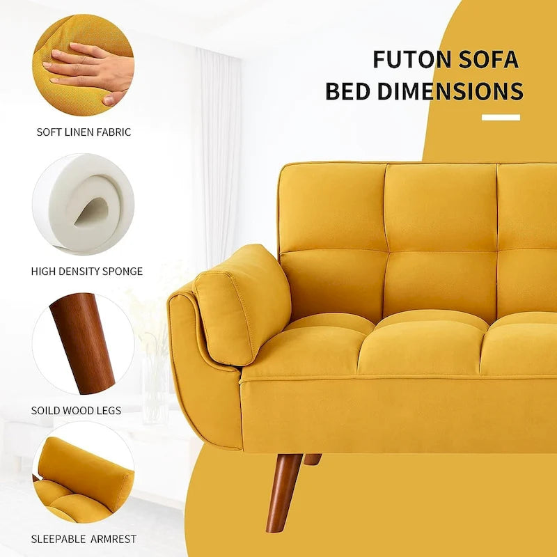 Canapé-lit futon de 191,5 cm (75,39 po), convertible et capitonné, avec dossier inclinable et capitonné.