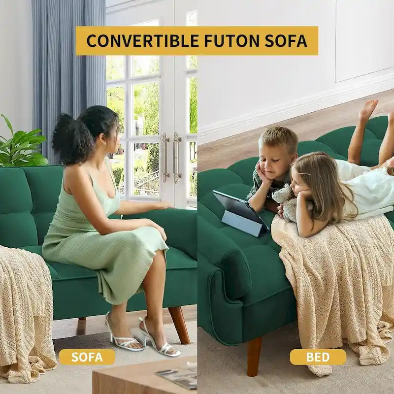 Canapé-lit futon de 191,5 cm (75,39 po), convertible et capitonné, avec dossier inclinable et capitonné.