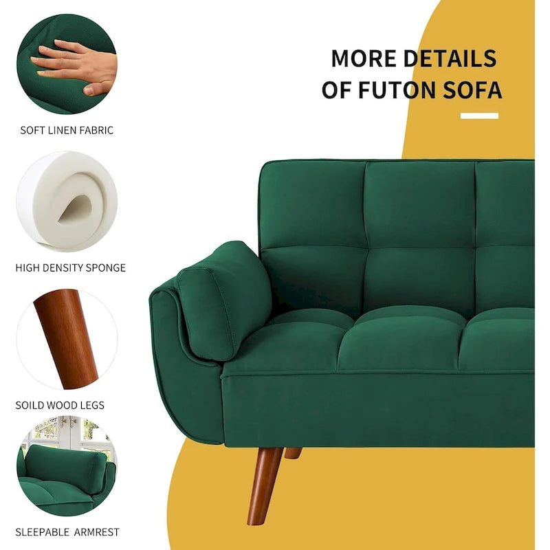 Canapé-lit futon de 191,5 cm (75,39 po), convertible et capitonné, avec dossier inclinable et capitonné.