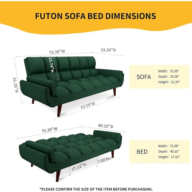Canapé-lit futon de 191,5 cm (75,39 po), convertible et capitonné, avec dossier inclinable et capitonné.