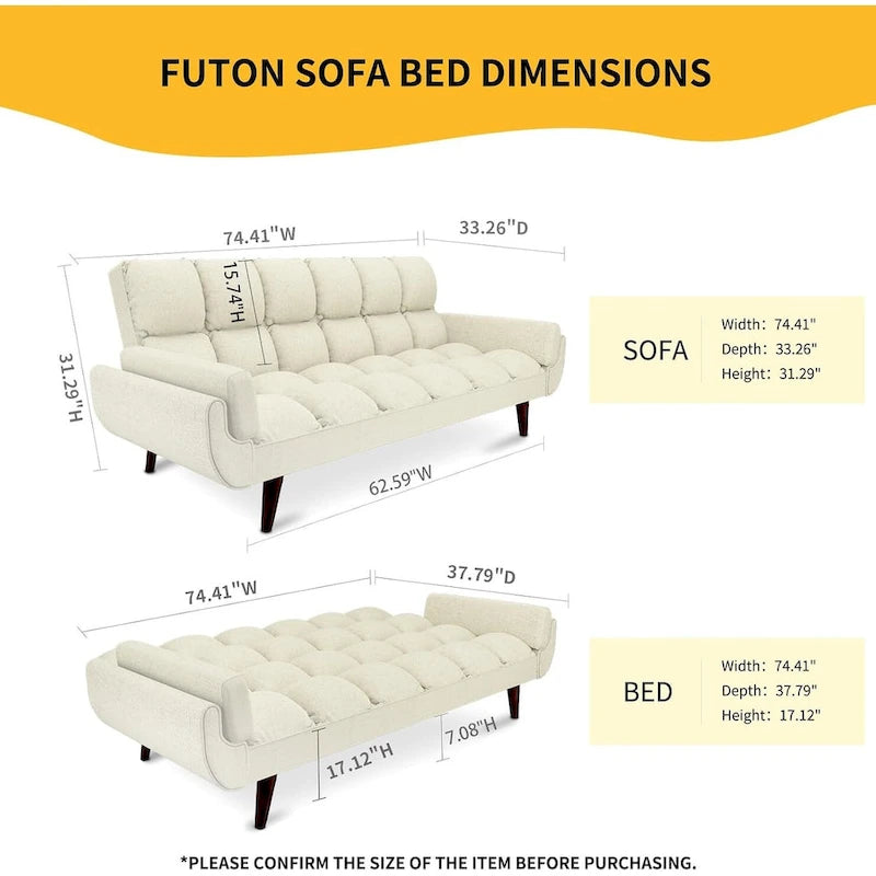 Canapé-lit futon de 191,5 cm (75,39 po), convertible et capitonné, avec dossier inclinable et capitonné.