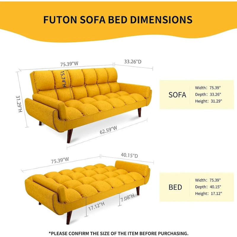 Canapé-lit futon de 191,5 cm (75,39 po), convertible et capitonné, avec dossier inclinable et capitonné.