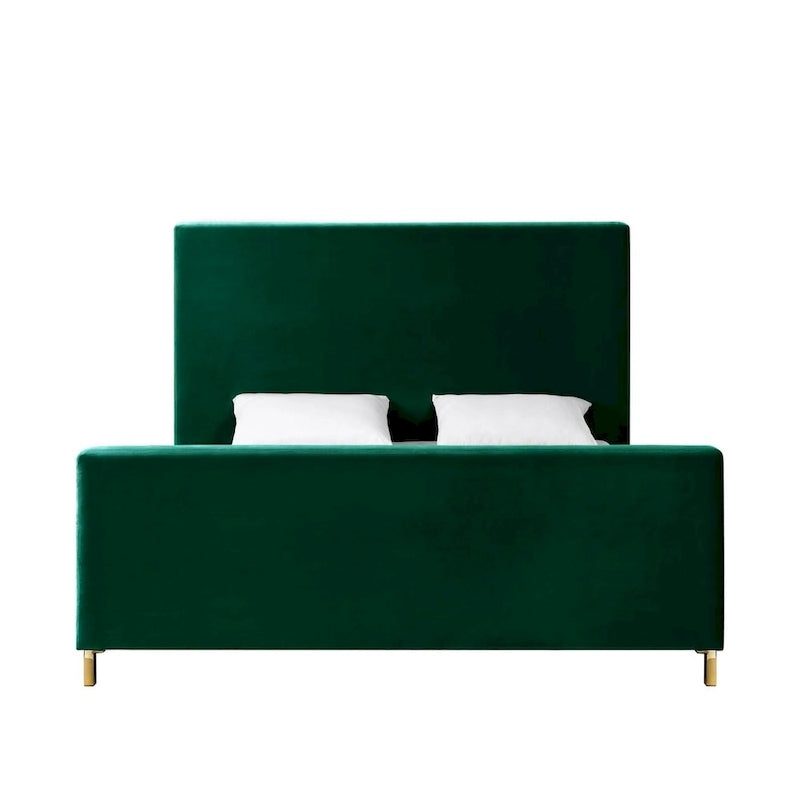 Lit king size en bois massif vert chasseur recouvert de velours