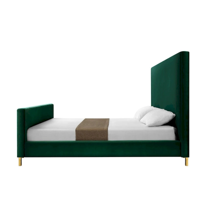 Lit king size en bois massif vert chasseur recouvert de velours