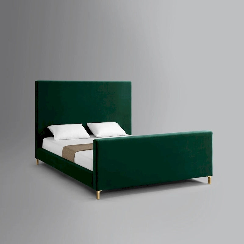 Lit king size en bois massif vert chasseur recouvert de velours
