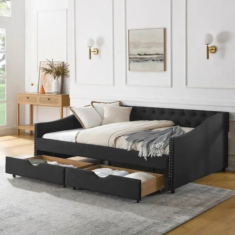 Full Size Daybed with Drawers Upholstered Tufted Sofa Bed, with Button on Back and Copper Nail on Waved Shape Arms