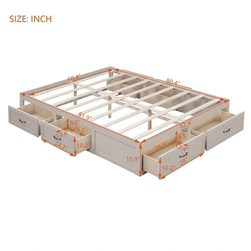 Lit plateforme Queen Size avec 6 tiroirs de rangement