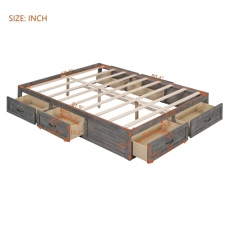 Lit plateforme Queen Size avec 6 tiroirs de rangement