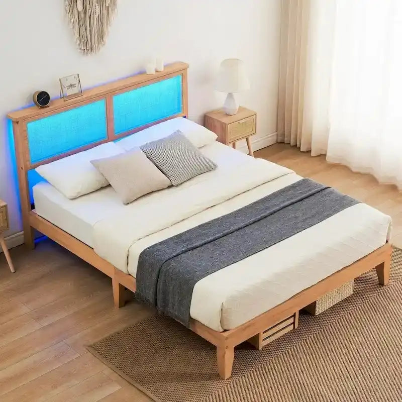 Modern Wooden Platform Bed Frame With Square Natural Rattan Headboard And LED Lights