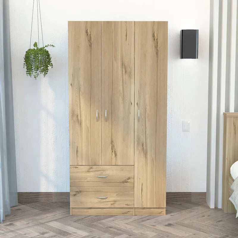 Armoire Austral à 3 portes avec tiroirs, étagères et tringle à vêtements
