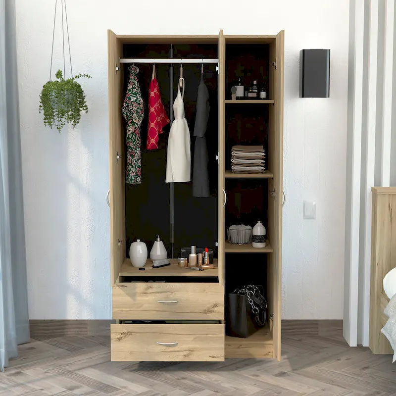 Armoire Austral à 3 portes avec tiroirs, étagères et tringle à vêtements