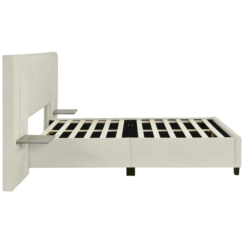 Lit plateforme rembourré en velours, format queen, avec grande tête de lit