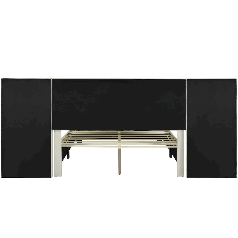 Lit plateforme rembourré en velours, format queen, avec grande tête de lit