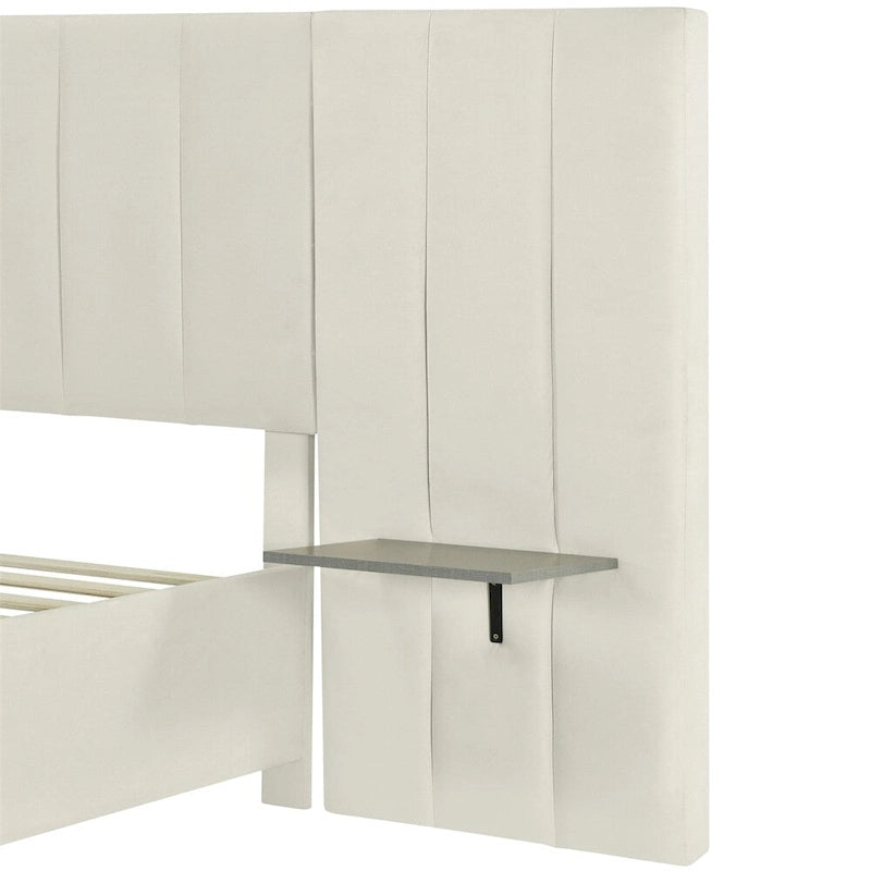 Lit plateforme rembourré en velours, format queen, avec grande tête de lit