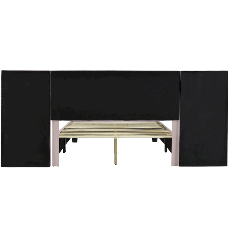 Lit plateforme rembourré en velours, format queen, avec grande tête de lit