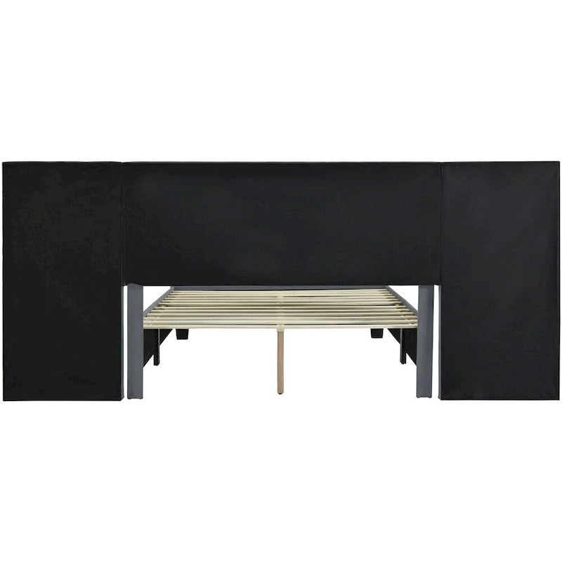 Lit plateforme rembourré en velours, format queen, avec grande tête de lit