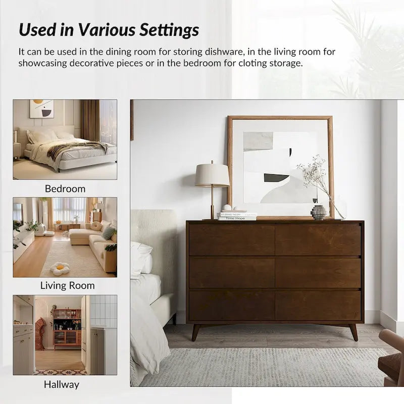 Commode Raffaele style Mid-Century à 6 tiroirs avec pieds en bois massif par HULALA HOME