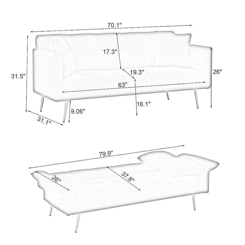 Canapé-lit futon, canapé pliable en velours Teddy convertible en lit de jour avec accoudoirs réglables pour petits espaces