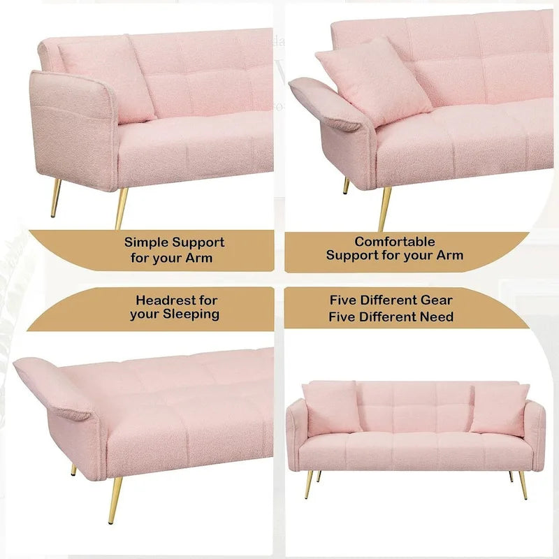 Canapé-lit futon, canapé pliable en velours Teddy convertible en lit de jour avec accoudoirs réglables pour petits espaces