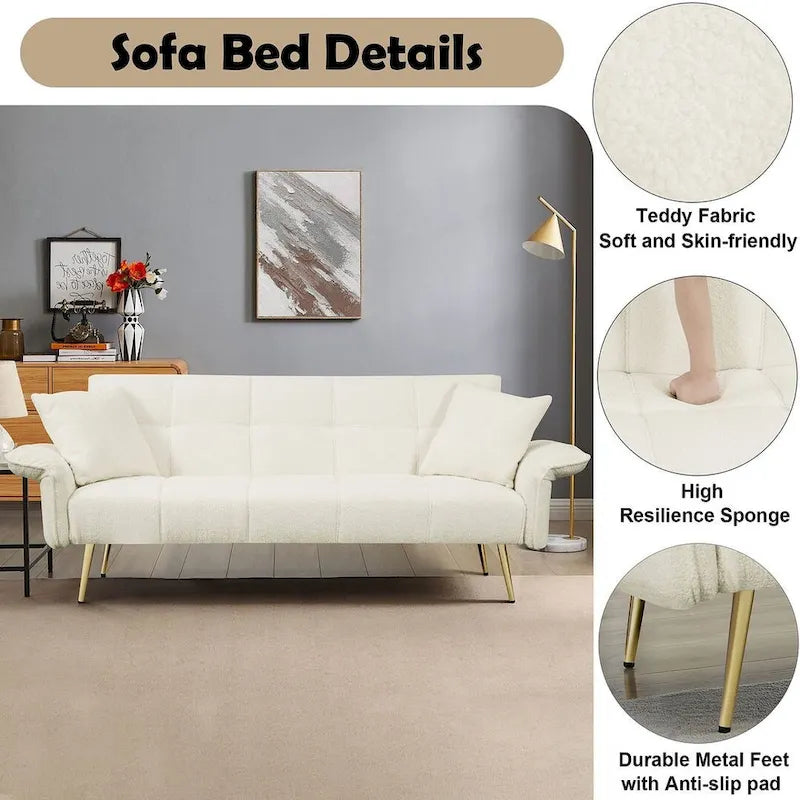 Canapé-lit futon, canapé pliable en velours Teddy convertible en lit de jour avec accoudoirs réglables pour petits espaces