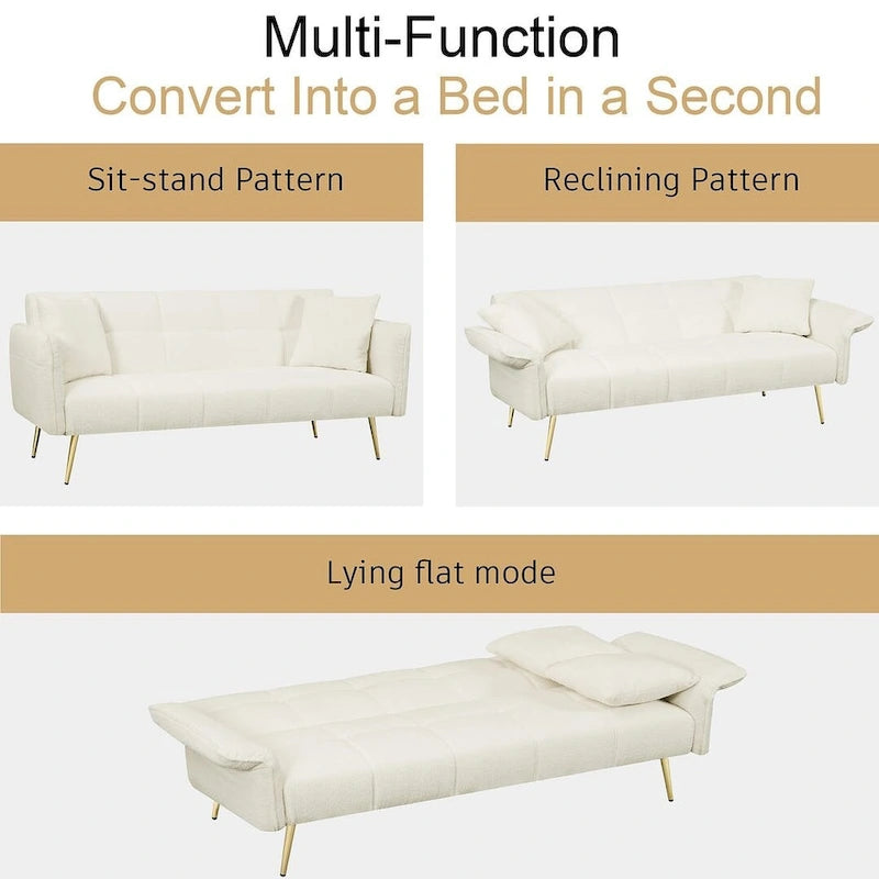 Canapé-lit futon, canapé pliable en velours Teddy convertible en lit de jour avec accoudoirs réglables pour petits espaces