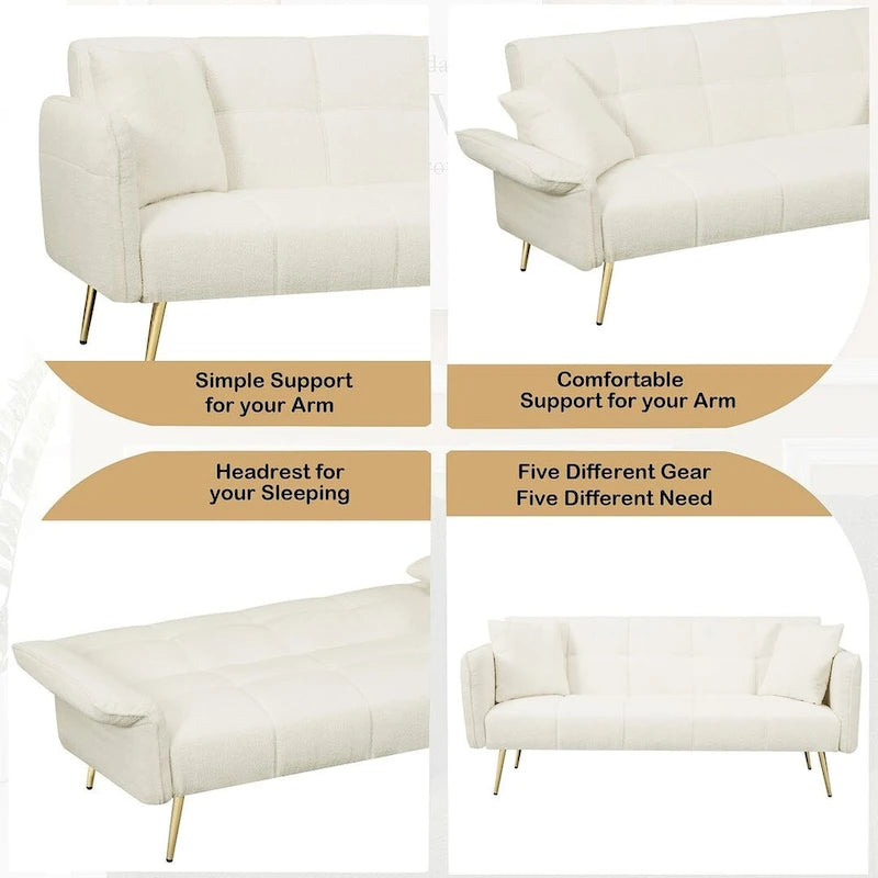 Canapé-lit futon, canapé pliable en velours Teddy convertible en lit de jour avec accoudoirs réglables pour petits espaces