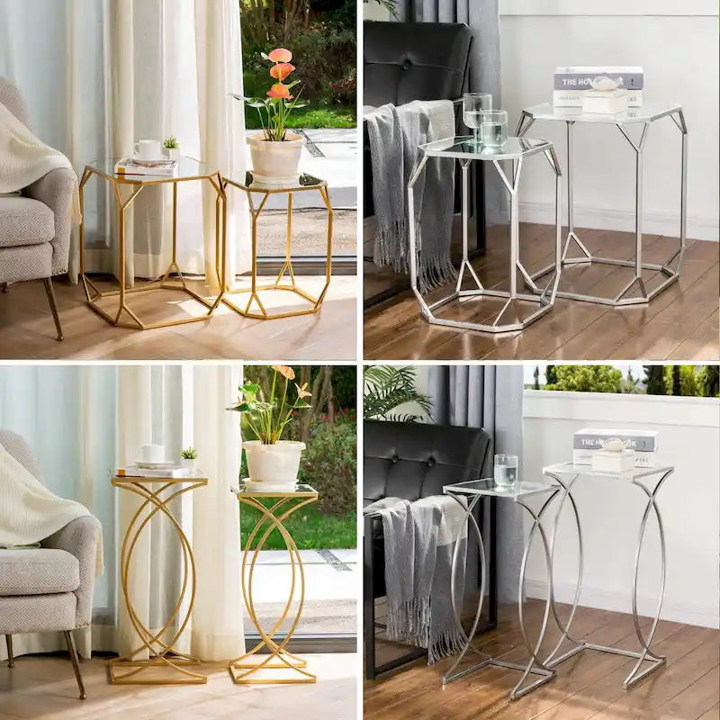 Ensemble de 2 tables d'appoint modernes en verre Glitzhome, style glamour, pour canapé