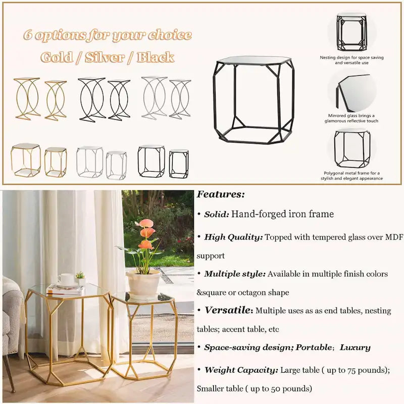 Ensemble de 2 tables d'appoint modernes en verre Glitzhome, style glamour, pour canapé