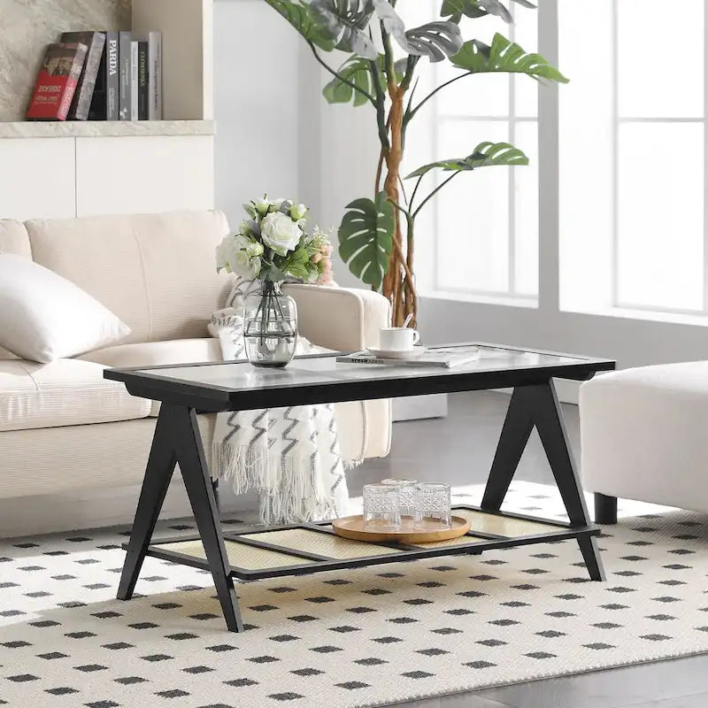 Table basse rectangulaire à 2 niveaux, plateau en verre, idéale pour un canapé - 39,4 cm (L) x 19,7 cm (l) x 19,7 cm (P)