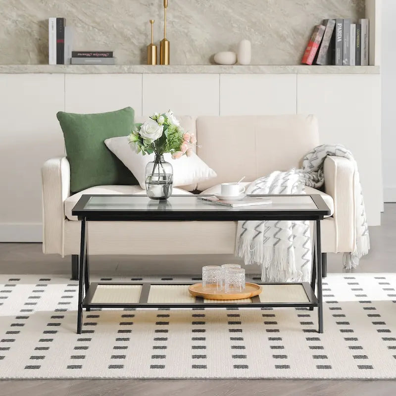 Table basse rectangulaire à 2 niveaux, plateau en verre, idéale pour un canapé - 39,4 cm (L) x 19,7 cm (l) x 19,7 cm (P)